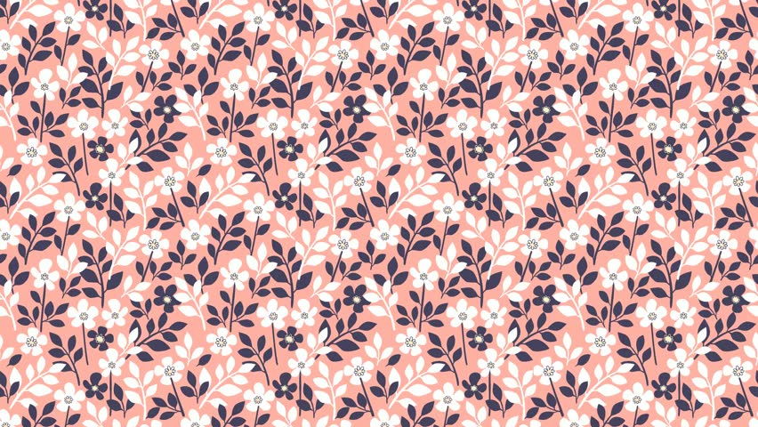 Seamless floral pattern video with white and dark blue flowers and leaves on pink background, hand drawn style. Could be used as wallpaper or background for any content, loops continuously. 