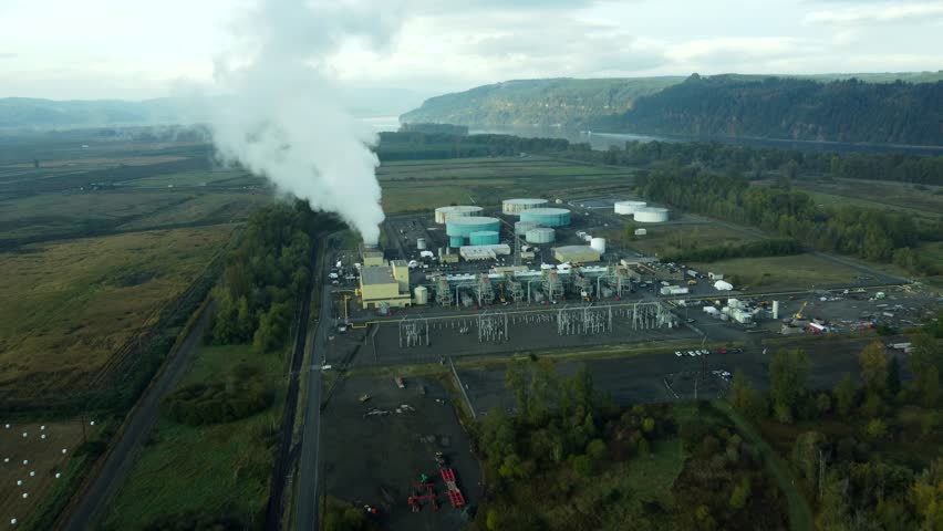 US, WA, Klatskanie, 2025-10-22 - Drone view of the PGE Beaver Generating Plant on the Columbia River