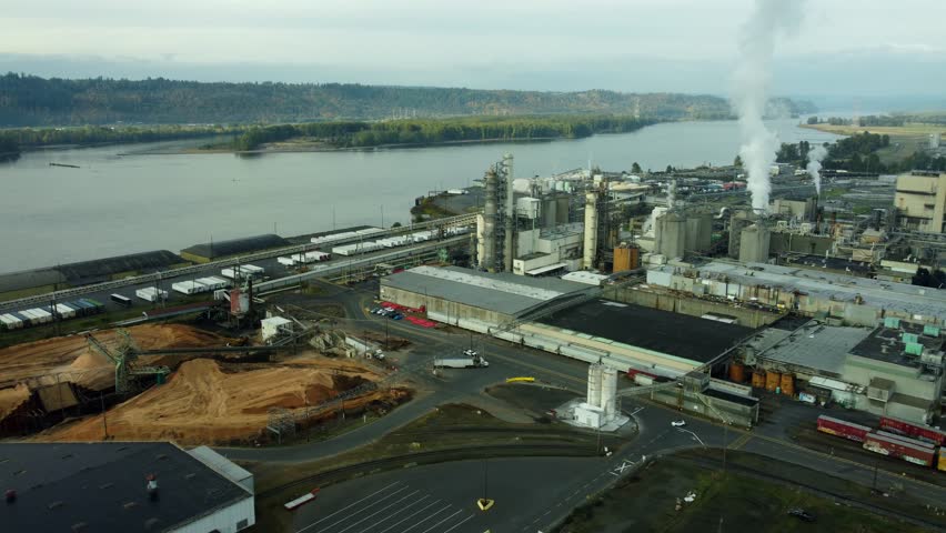 US, WA, Longview, 2025-10-22 - Drone view of the giant Weyerhauser Lumber plant