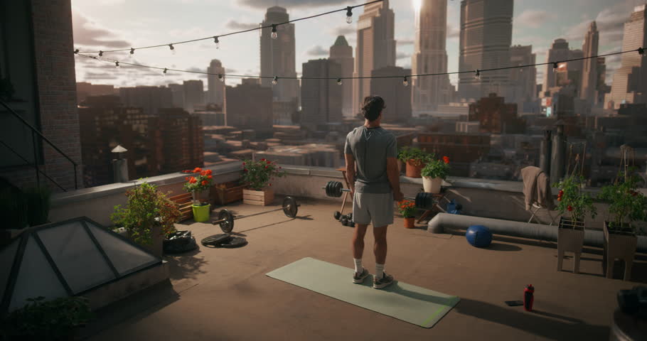 Young Man Stands on a Rooftop Doing Slow Ez Bar Curls, Focusing on Arm Strength, Fitness, Gym Equipment Around Him