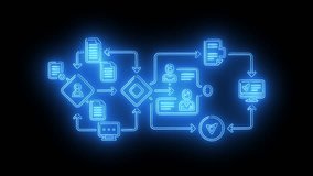 Complex digital network process flow diagram with data communication icons connection nodes and integrated technology workflow system - Powered by Shutterstock - Get 15% off with code: PIKWIZARD15