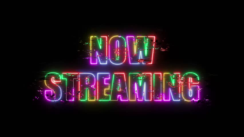 Now Streaming Five-Color Neon Glow Text with Retro Glitch Effect, Vibrant Multicolor Cyberpunk Typography Animation on Black Background for Streaming Platforms, Video Promos, Intros, and Digital
