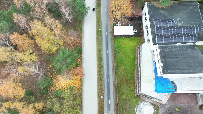 Aerial view of parallel forest path and bike lane with people walking and cycling between dense green pine trees.