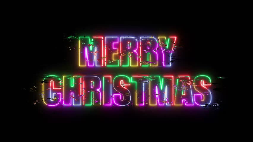 Merry Christmas Five-Color Neon Glow Text with Retro Glitch Effect, Vibrant Multicolor Holiday Typography Animation on Black Background for Festive Greeting Videos and Modern Digital Visuals