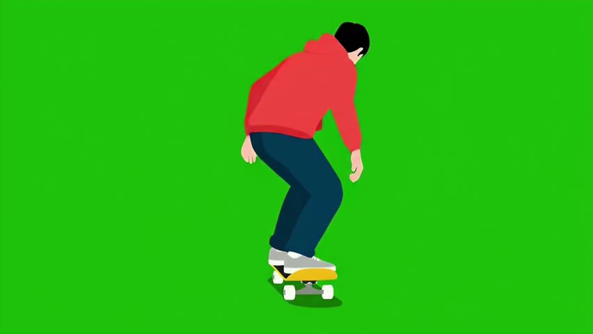 Animated skateboarder performing kickflip jump on green screen background for compositing and motion graphics