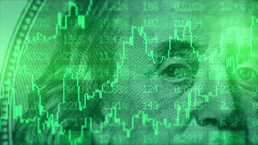 American bullish stock market trading graph in green color. United States 100 dollars bill on background. Economic growth. US economy chart. Stocks uptrend