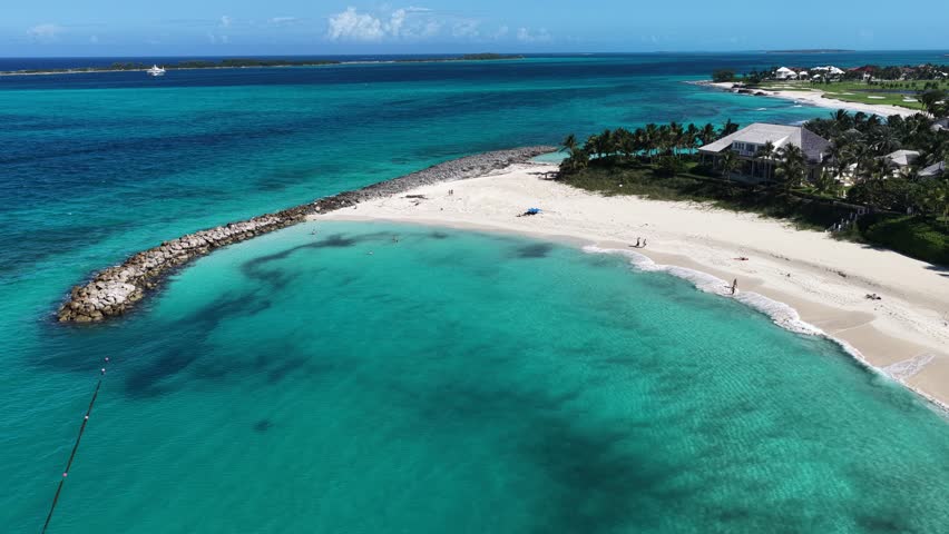 Cabbage Beach At Paradise Island In Nassau Bahamas. Caribbean Skyline. Beach Landscape. Highrise Buildings. Cabbage Beach In Paradise Island In Nassau Bahamas. Nature Background.