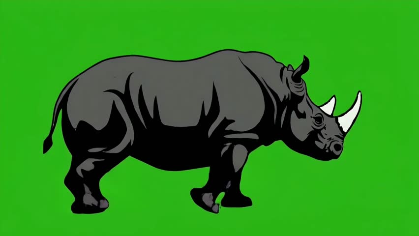 Looping illustration of a rhinoceros stomping and spraying dust on a solid green background