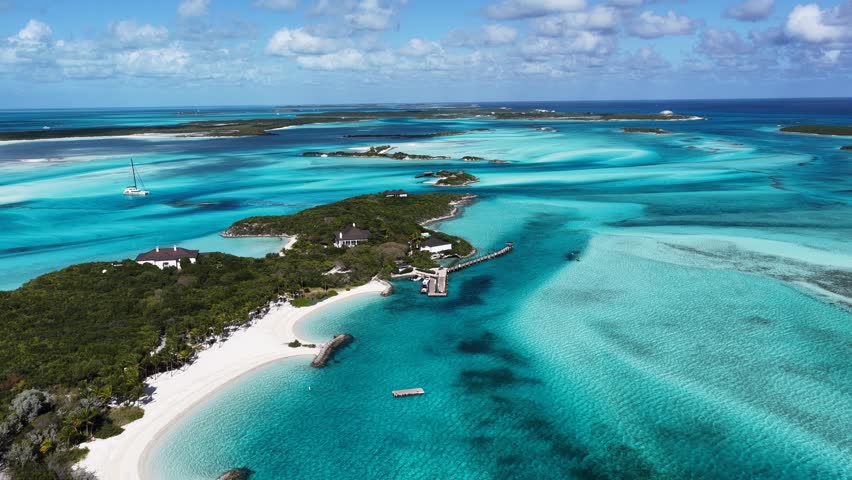 Exuma Skyline At Exuma Islands In Black Point Bahamas. Stunning Cityscape. Beach Landscape. Shades Of Blue Watercolor. Exuma Skyline In Exuma Islands In Black Point Bahamas. Caribbean Background.