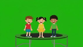 Animated children laughing holding hands and jumping on a trampoline against a green screen backdrop - Powered by Shutterstock - Get 15% off with code: PIKWIZARD15