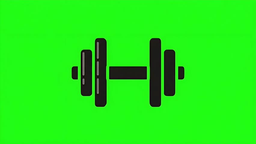 Looping animation of a black dumbbell icon rotating on a bright green screen background