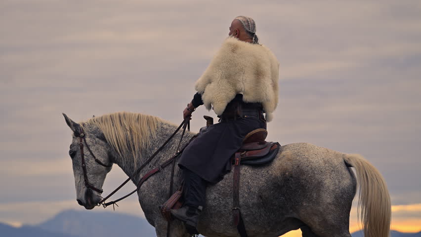 Elderly Viking warrior in fur cloak riding gray horse across open field at sunrise, mountains and distant cross behind him, moody cinematic Norse atmosphere cinematic slow motion 