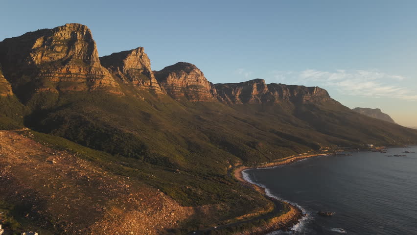Cliffs Of Table Mountain At Sunset In Cape Town, South Africa. Aerial Wide Shot