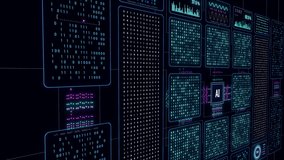 AI unit, artificial intelligence, data stream, deep learning, big data, binary code, machine learning. Technology, data processing, science,  analyzing, connection, data stream. 3D animation - Powered by Shutterstock - Get 15% off with code: PIKWIZARD15