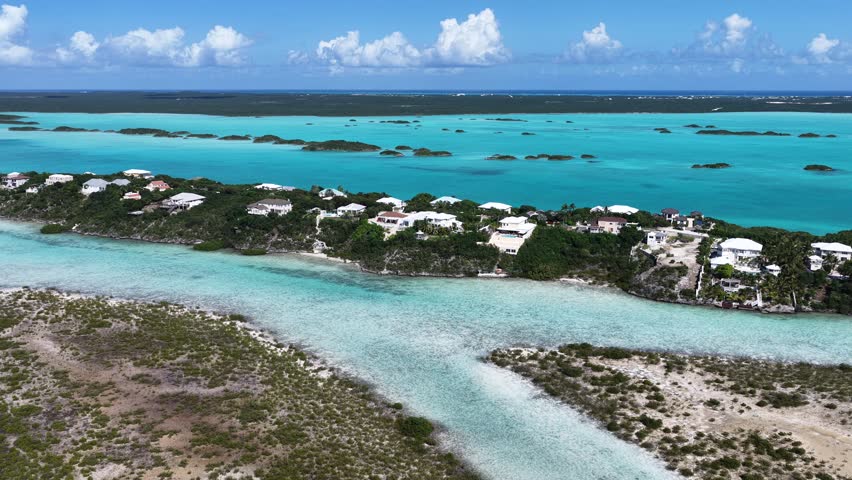 Chalk Sound At Providenciales In Overseas Territory Turks And Caicos Islands. Beach Landscape. Shades Of Blue Watercolor. Travel Destination. Chalk Sound In Providenciales In Nature Seascape.