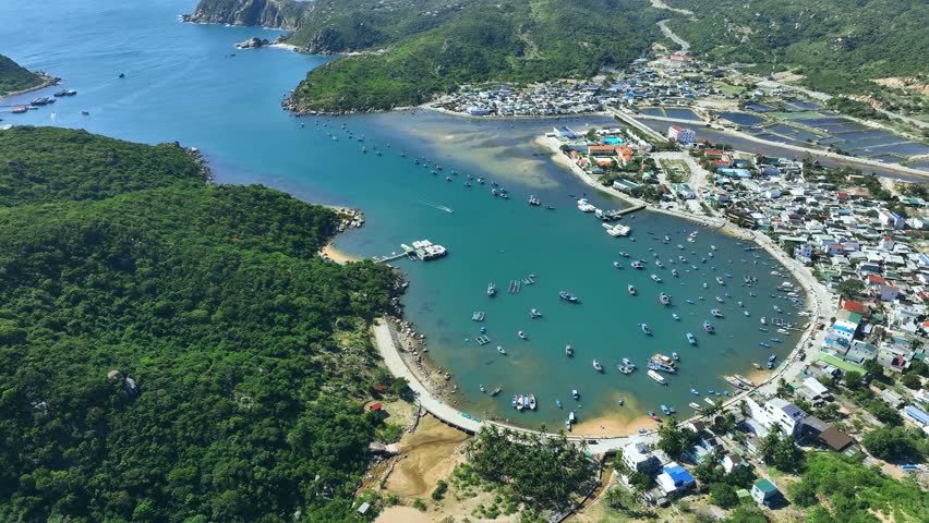 Seascape, landscape and fishing port in Ninh Thuan, Vietnam in the daytime.