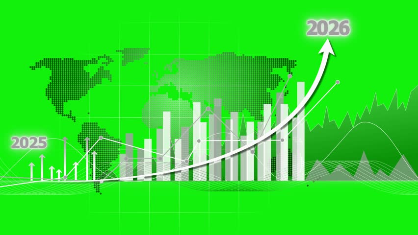 Futuristic Financial Growth Graph for 2025 to 2026 Animation on Green Background, 2025-2026 Business Graph Chart Animation