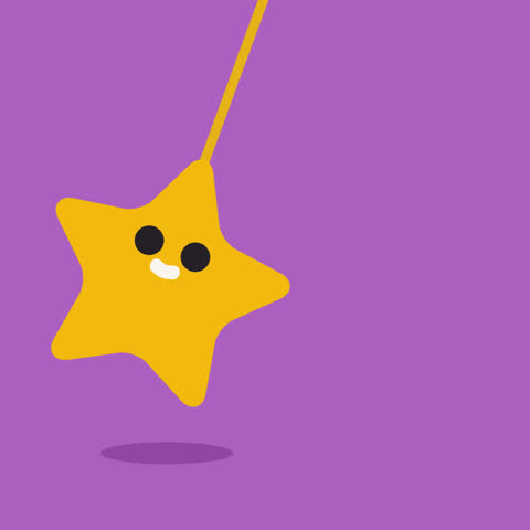 Yellow star character swinging side to side on a string, blinking and smiling. Purple background. Seamless loop animation for kids videos, intros, title screens and educational projects. 