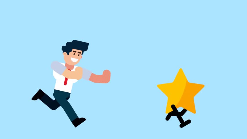 A businessman runs after a walking star, symbolizing the pursuit of success, achievement, excellence, or goals, on a blue background.

