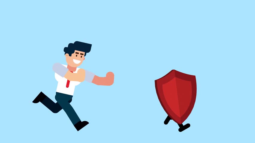 A businessman runs after a walking shield, symbolizing the pursuit of security, protection, safety, or defense, on a blue background.

