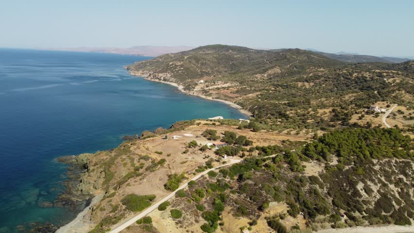 Greece, Lesbos Island, Vatera, Fokas. Panoramic view from above of the southern coast