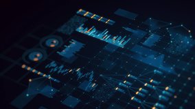 3D render: Futuristic digital interface displaying business finance data analysis. Glowing charts, graphs, numbers, network lines. Ideal tech background for investment, corporate, big data concepts. - Powered by Shutterstock - Get 15% off with code: PIKWIZARD15