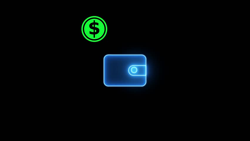 A blue neon outline of a digital wallet glows against a dark background. The icon represents digital finance and transactions. Clear details and vibrant colors enhance visual appeal.