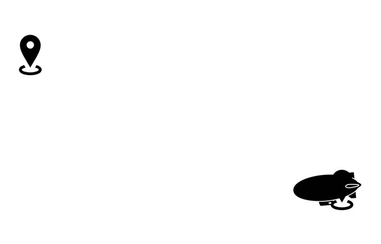 An airship travels from one location to another, marked by map pins, symbolizing travel and navigation.