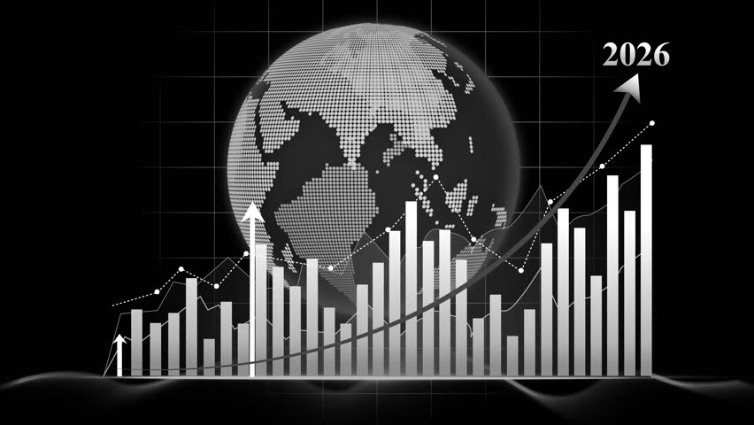 2026 Global Finance and Economic Growth Animation, Digital animation of a globe with financial charts and graphs