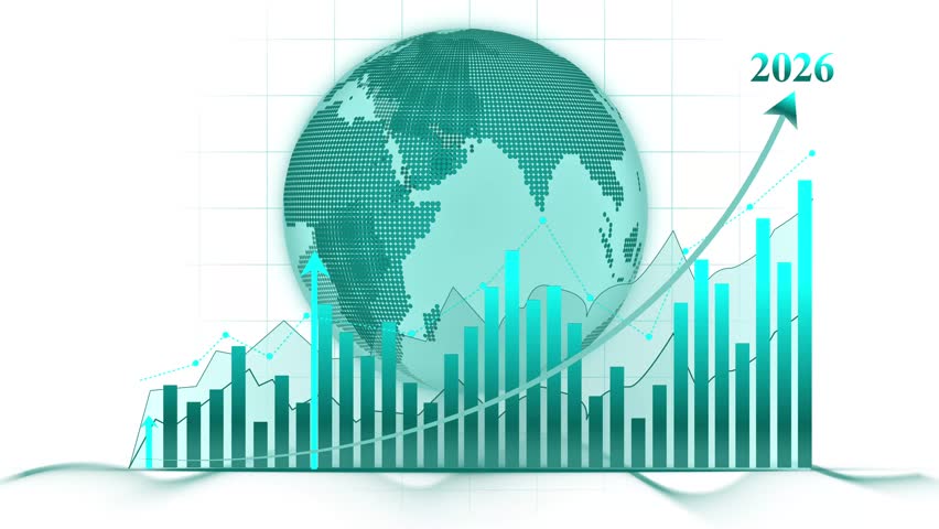 2026 Global Finance and Economic Growth Animation On White Background, Digital animation of a globe with financial charts and graphs