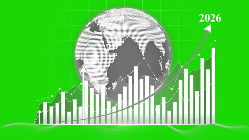 2026 Global Finance and Economic Growth Animation On Green Background, Digital animation of a globe with financial charts and graphs