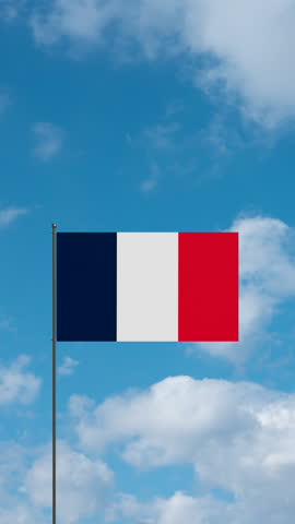 Flag of  France against cloudy sky. French flag waving in the wind, national symbol. Country, nation, union, flag, government, French culture, politics.