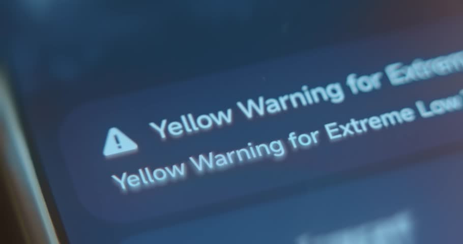 Yellow Warning for Extreme Low Temperature, notification on smartphone