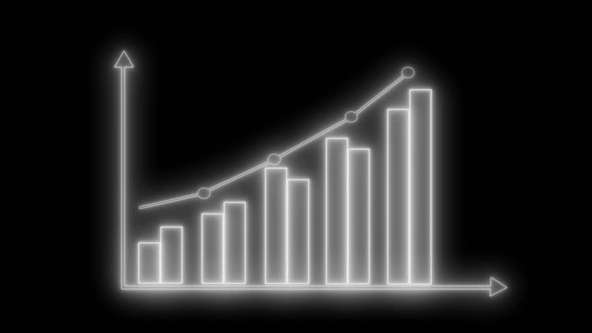 Glowing line graph with bars and a trend line on a black background