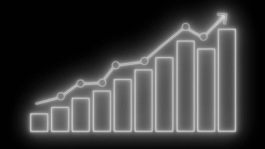 Business Statistics Neon Light Bar Chart, Neon Bar and Line Graph on Black Background