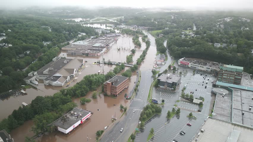 Aerial Footage Showing Rising Waters Covering Homes And Cars In Bedford Near Halifax Nova Scotia Canada After A Powerful Hurricane, Illustrating Significant Damage And Disaster Aftermath