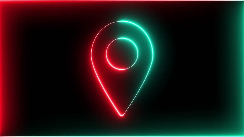 glowing neon light red and cyan color location map icon animation address place pointer position tags travel tracking searching direction sign symbol on black background	