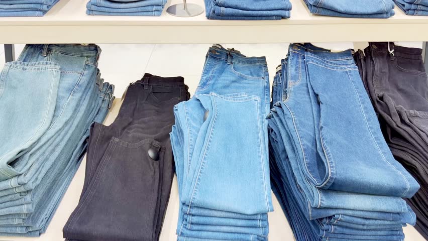  choosing jeans  in a shopping mall. clothes hangers