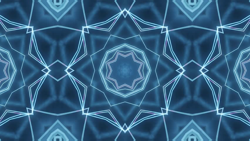 Blue luminous kaleidoscope star pattern rotating in dark background. Seamless looping 4k video background
