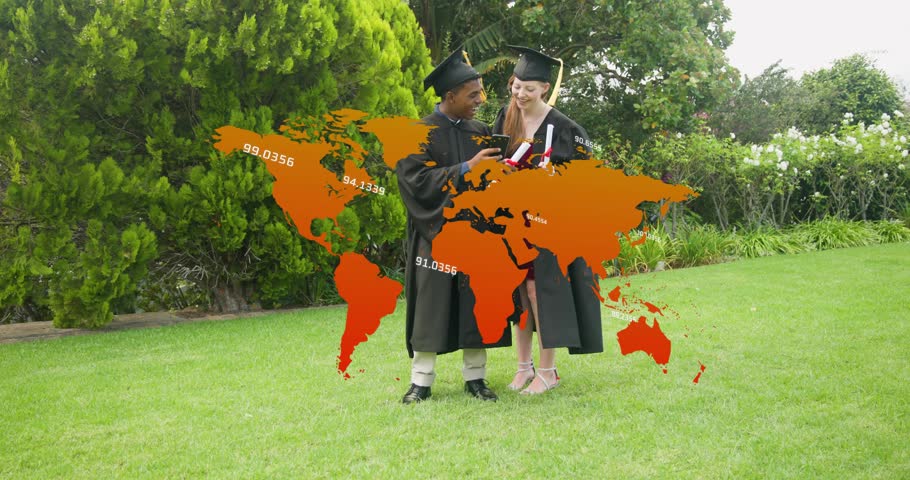 Man grabbing phone, taking selfie with woman with diploma celebrating graduation under orange map. Grad, cap, gown, certificate, classmates, outdoors, campus