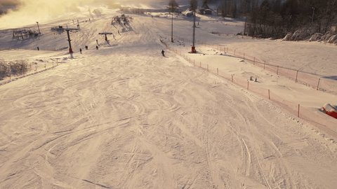 Forward Descending Drone View Snowy Ski Area