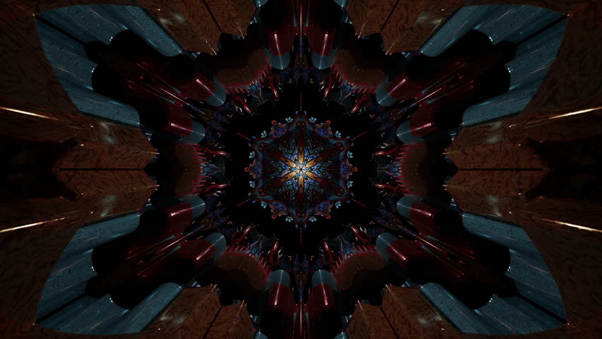 Dark metallic mandala with wood-like textures and glowing geometric star-shaped core, intricate symmetrical kaleidoscope design, detailed ornamental 3D abstract artwork with futuristic cosmic depth