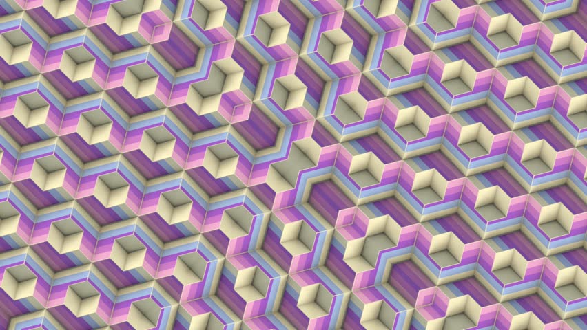 Symmetrical loop animation of changing cubic structures creating a complex pattern. Dynamic composition with alternating hues adds rhythm and volume. 3d rendering 4K