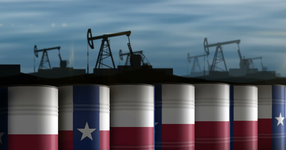 Texas USA oil business and fuel extraction barrels in row seamless and loopable concept. Amwerican petrol industrial containers.