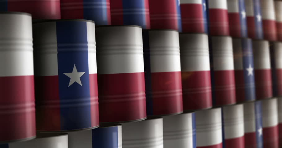 Texas USA oil business and fuel extraction barrels in row seamless and loopable concept. Amwerican petrol industrial containers.