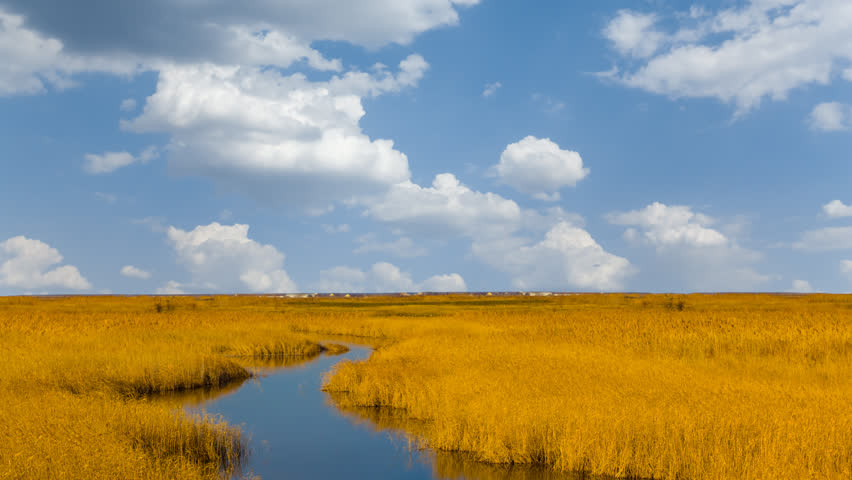 small river flow in prairie under cloudy sky time lapse scene