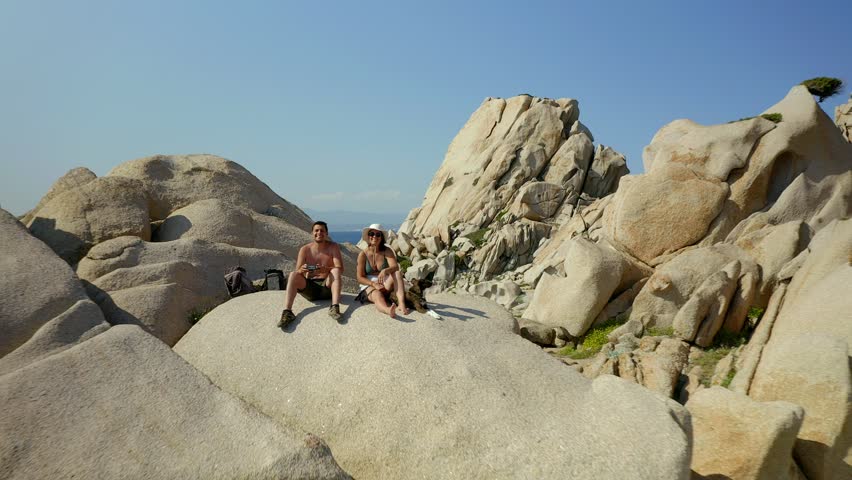 Drone aerial view of Valle della Luna beach in Capo Testa cape in Sardinia, Italy