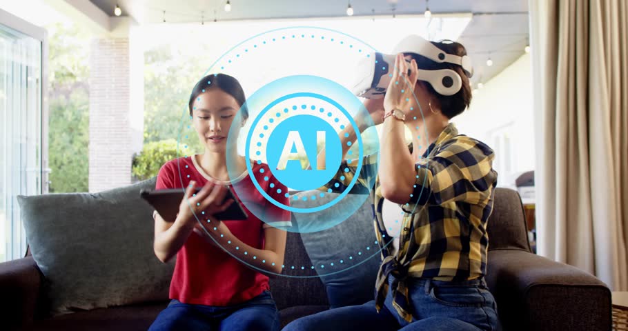 Two women on couch, left tapping tablet launching VR, right donning headset gesturing at AI overlay. Duo, lounge, daylight, family, technology, gadget, interaction