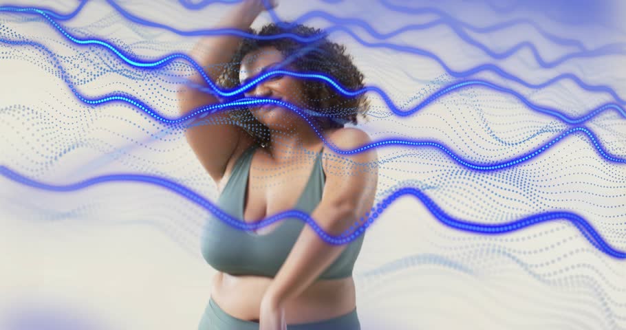 Woman performing poses from center promoting fitness in green activewear, blue dots overlaying. Plussize, athletic, studio, parallax, motion, dynamic, curly