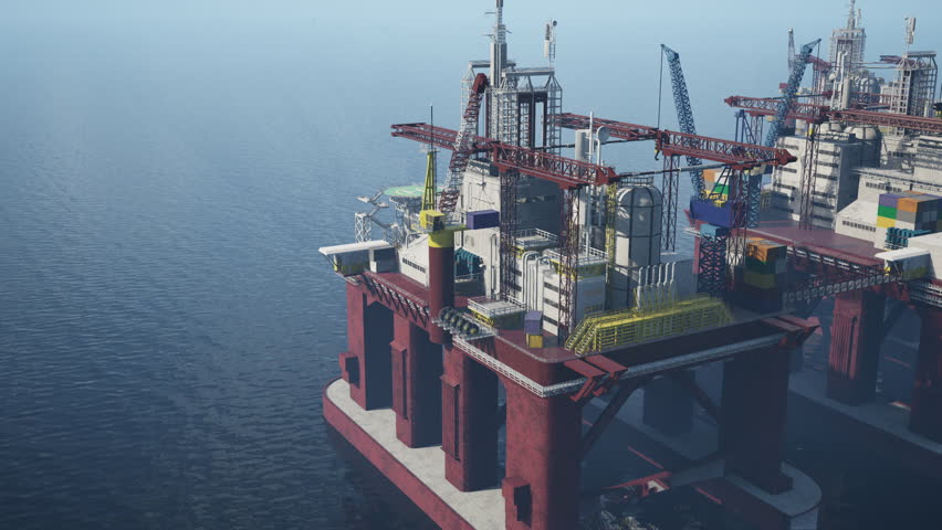 Massive offshore installation conducting fossil fuel exploitation in blue ocean. Maritime steel structure equipped with drilling machinery and shipping containers for subsea operations